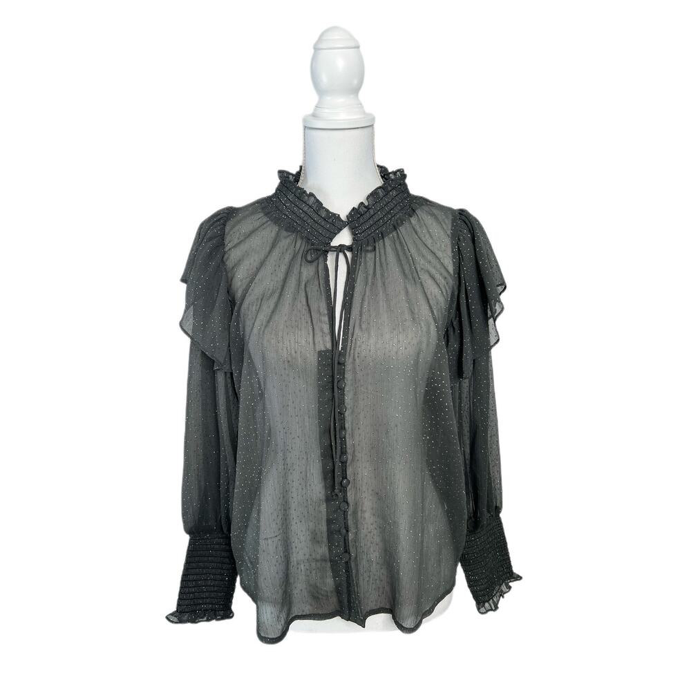 Zara Gray Semi Sheer Sparkly Metallic Dot Long Sleeve Collar Pullover Top Size M